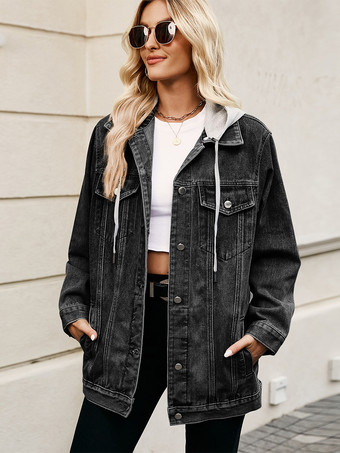 レディース用オーバーサイズフード付きデニムジャケット - ロングボーイフレンドフィットダメージジーンズトラッカーコート - 2026年春のシックなストリートウェア