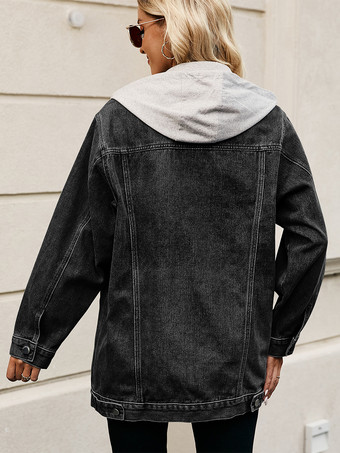 レディース用オーバーサイズフード付きデニムジャケット - ロングボーイフレンドフィットダメージジーンズトラッカーコート - 2026年春のシックなストリートウェア