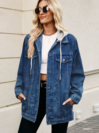 レディース用オーバーサイズフード付きデニムジャケット - ロングボーイフレンドフィットダメージジーンズトラッカーコート - 2026年春のシックなストリートウェア