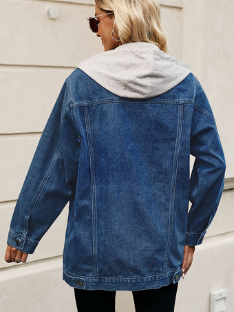 レディース用オーバーサイズフード付きデニムジャケット - ロングボーイフレンドフィットダメージジーンズトラッカーコート - 2026年春のシックなストリートウェア