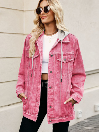 ピンクレディース用オーバーサイズフード付きデニムジャケット - ロングボーイフレンドフィットダメージジーンズトラッカーコート - 2026年春のシックなストリートウェア