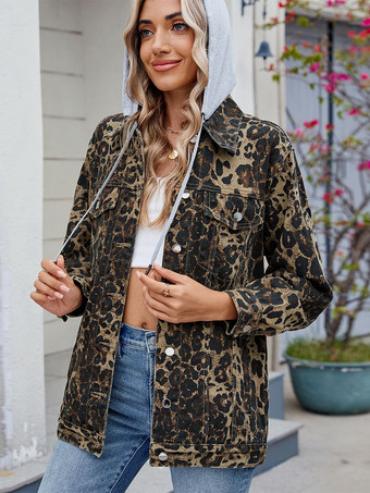 ヒョウ柄レディース用オーバーサイズフード付きデニムジャケット - ロングボーイフレンドフィットダメージジーンズトラッカーコート - 2026年春のシックなストリートウェア