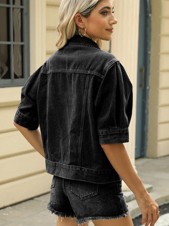 レディース用パフスリーブデニムジャケット - レトロなハーフスリーブクロップドジーンズトラッカーコート - 2026年春夏ストリートウェア