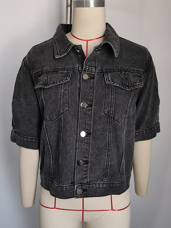 レディース用パフスリーブデニムジャケット - レトロなハーフスリーブクロップドジーンズトラッカーコート - 2026年春夏ストリートウェア