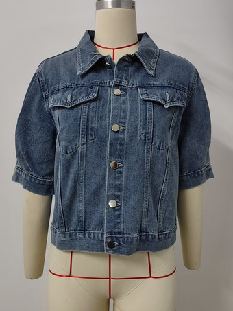 レディース用パフスリーブデニムジャケット - レトロなハーフスリーブクロップドジーンズトラッカーコート - 2026年春夏ストリートウェア