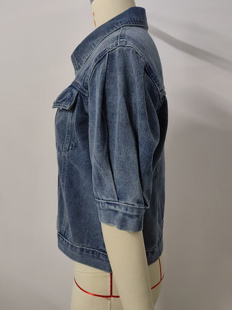 レディース用パフスリーブデニムジャケット - レトロなハーフスリーブクロップドジーンズトラッカーコート - 2026年春夏ストリートウェア