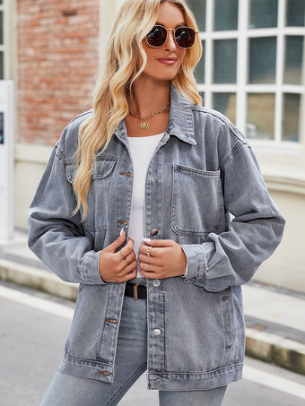 ライトスカイブルーヴィンテージ風オーバーサイズデニムジャケット（レディース） - ゆったりとしたフィット感のラペルボタンダウンデニムトラッカーコート - 2026年春のカジュアルストリートウェア
