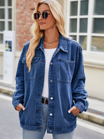ディープブルーヴィンテージ風オーバーサイズデニムジャケット（レディース） - ゆったりとしたフィット感のラペルボタンダウンデニムトラッカーコート - 2026年春のカジュアルストリートウェア