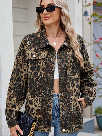 ヒョウ柄ヴィンテージ風オーバーサイズデニムジャケット（レディース） - ゆったりとしたフィット感のラペルボタンダウンデニムトラッカーコート - 2026年春のカジュアルストリートウェア