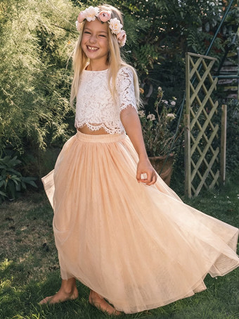 バニラクリームツーピースウェディングフラワーガールドレス特別な機会のドレスピンク半袖レース