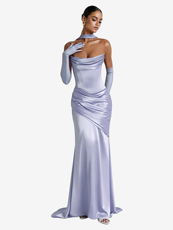 ライラックイブニングドレス ボールガウン デザインネックライン 伸縮性のあるシルク風サテン トレーン付き プリーツ フォーマルパーティードレス