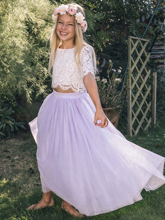 ライラックツーピースウェディングフラワーガールドレス特別な機会のドレスピンク半袖レース