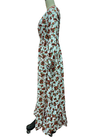 長袖花柄マキシドレス - ピンクのボヘミアン風Vネックフリルドレス - 2026年春のホリデービーチ