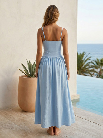 カットアウトマキシドレス（女性用） - ベビーブルー、セクシーなリングディテール、ギャザー入りスパゲッティストラップ - 2026年夏のビーチクルーズバケーション