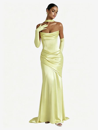 スイセン色イブニングドレス ボールガウン デザインネックライン 伸縮性のあるシルク風サテン トレーン付き プリーツ フォーマルパーティードレス