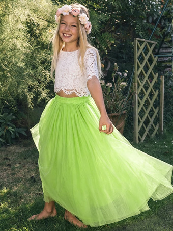 グラスグリーンツーピースウェディングフラワーガールドレス特別な機会のドレスピンク半袖レース