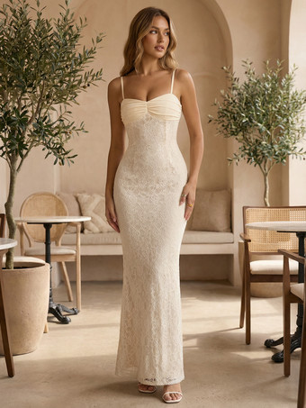 アプリコット美しいレースのマキシドレス（女性用） - アプリコットカラーのギャザー入りボディコンガウン - 夏の結婚式ゲストパーティーウェア 2026