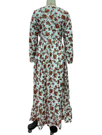 長袖花柄マキシドレス - ピンクのボヘミアン風Vネックフリルドレス - 2026年春のホリデービーチ