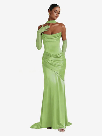 グラスグリーンイブニングドレス ボールガウン デザインネックライン 伸縮性のあるシルク風サテン トレーン付き プリーツ フォーマルパーティードレス