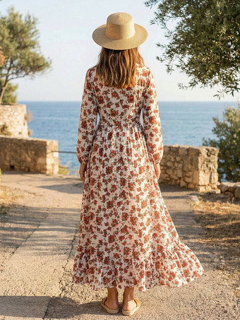 長袖花柄マキシドレス - ピンクのボヘミアン風Vネックフリルドレス - 2026年春のホリデービーチ