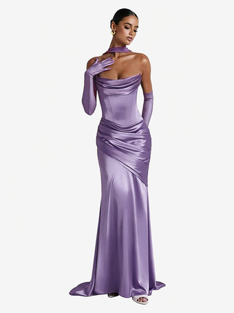 パープル イブニングドレス ボールガウン デザインネックライン 伸縮性のあるシルク風サテン トレーン付き プリーツ フォーマルパーティードレス
