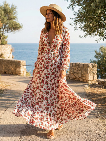 ピンク 長袖花柄マキシドレス - ピンクのボヘミアン風Vネックフリルドレス - 2026年春のホリデービーチ