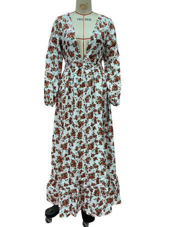 長袖花柄マキシドレス - ピンクのボヘミアン風Vネックフリルドレス - 2026年春のホリデービーチ