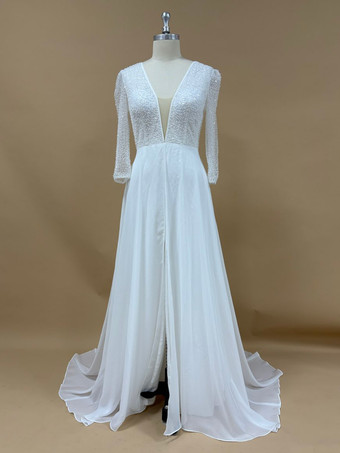 Robe de mariée simple avec traîne robe de bal manches 3/4 dentelle col en V