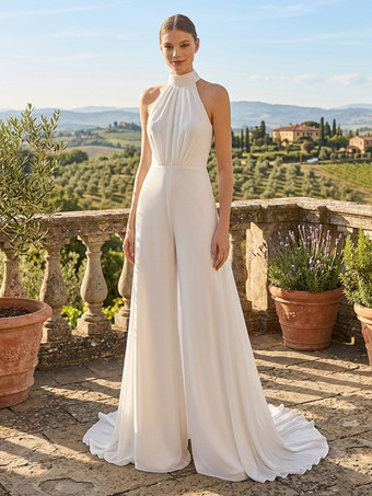 ブライダルジャンプスーツ ホルターネック ツーピース ウェディングドレス シフォン プリーツ フロア丈ジャンプスーツ ジュエルネック ノースリーブ