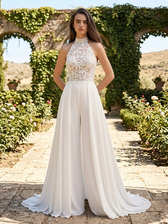 ブライダルジャンプスーツ 2ピース ジュエルネック ノースリーブ ホルターネック 結婚式用ドレス