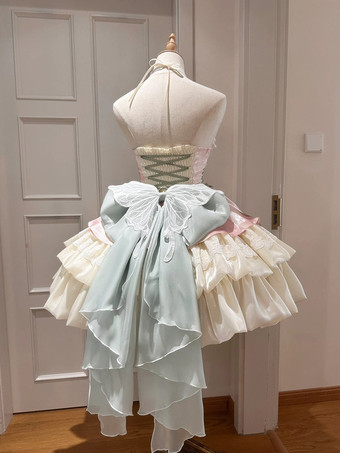 Robe courte Fairy Lolita sans manches en tulle rose abricot à volants et nœud avec traîne.