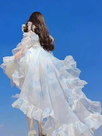 Robe courte Fairy Lolita bleu ciel clair à volants et traîne