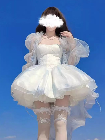 Robe courte Fairy Lolita bleu ciel clair à volants et traîne