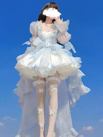 Robe courte Fairy Lolita bleu ciel clair à volants et traîne