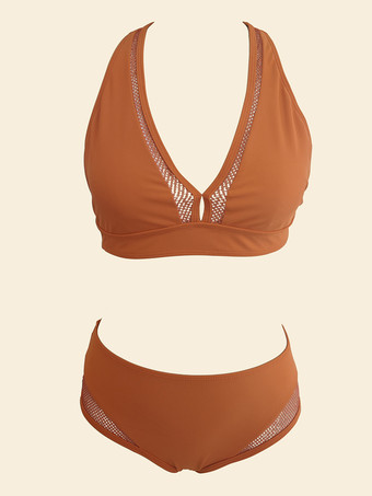 オレンジ ハイウエストビキニセット レディース - Vネックレーサーバックトップ付きアスレチックツーピース水着 - 夏のビーチバケーションプールパーティー 2026