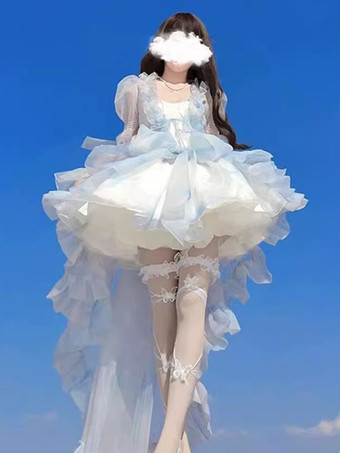 bleu ciel clairRobe courte Fairy Lolita bleu ciel clair à volants et traîne