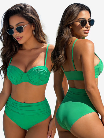 ライトグリーン 女性用無地ビキニセット - レトロミニマリストギャザーハイウエストツーピース水着 - 夏のビーチプールパーティー2026