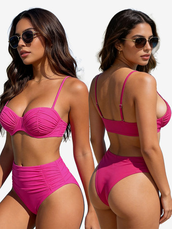 ローズレッド女性用無地ビキニセット - レトロミニマリストギャザーハイウエストツーピース水着 - 夏のビーチプールパーティー2026