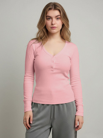 リブ編みヘンリーシャツトップス（レディース） - カジュアルVネック長袖スリムフィットボタンフロントジャージーTシャツ - 春のデイリーウェア 2026