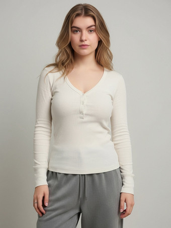 リブ編みヘンリーシャツトップス（レディース） - カジュアルVネック長袖スリムフィットボタンフロントジャージーTシャツ - 春のデイリーウェア 2026