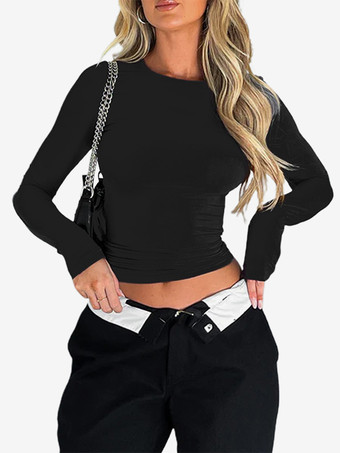 ブラック レディース用フィット長袖クルーネッククロップトップ - Y2KスリムフィットストレッチソフトベーシックTシャツ - 2026年春ストリートウェア