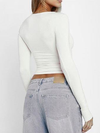 レディース用フィット長袖クルーネッククロップトップ - Y2KスリムフィットストレッチソフトベーシックTシャツ - 2026年春ストリートウェア