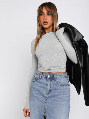 レディース用フィット長袖クルーネッククロップトップ - Y2KスリムフィットストレッチソフトベーシックTシャツ - 2026年春ストリートウェア