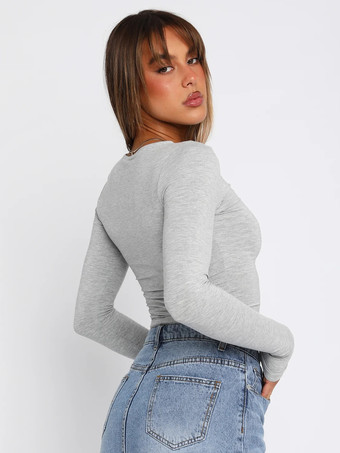 レディース用フィット長袖クルーネッククロップトップ - Y2KスリムフィットストレッチソフトベーシックTシャツ - 2026年春ストリートウェア