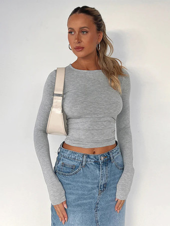 グレイレディース用フィット長袖クルーネッククロップトップ - Y2KスリムフィットストレッチソフトベーシックTシャツ - 2026年春ストリートウェア