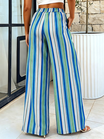 ボヘミアン風ストライプワイドレッグパンツ（レディース） - 縦柄プリント、ハイウエスト、ドローストリング付きパラッツォパンツ - サマービーチリゾート2026