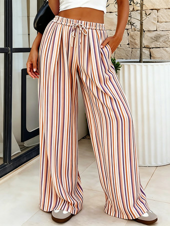 レッド＋ホワイト＋ブラックボヘミアン風ストライプワイドレッグパンツ（レディース） - 縦柄プリント、ハイウエスト、ドローストリング付きパラッツォパンツ - サマービーチリゾート2026