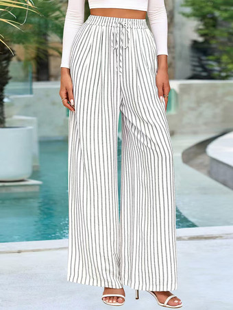ボヘミアン風ストライプワイドレッグパンツ（レディース） - 縦柄プリント、ハイウエスト、ドローストリング付きパラッツォパンツ - サマービーチリゾート2026