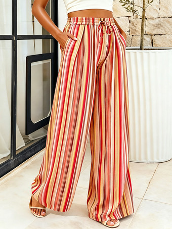 ボヘミアン風ストライプワイドレッグパンツ（レディース） - 縦柄プリント、ハイウエスト、ドローストリング付きパラッツォパンツ - サマービーチリゾート2026