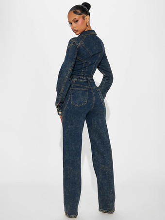 レディース長袖デニムジャンプスーツ - ダークウォッシュ ヴィンテージボタンアップ ワイドレッグ ボディコンプレイスーツ - 2026年春のストリートウェア